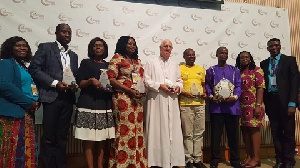 Laureates flanked by Ms. Cecilia Senoo (extreme left) and Dr. Ben Ocra (extreme right)