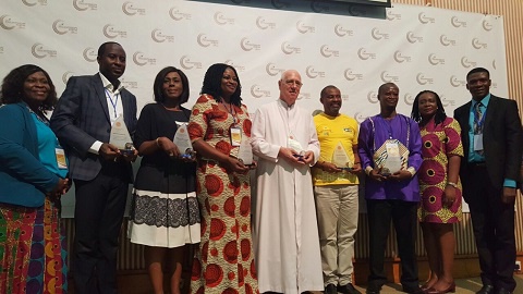 Laureates flanked by Ms. Cecilia Senoo (extreme left) and Dr. Ben Ocra (extreme right)