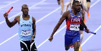 Botswana's sprinting star, Letsile Tebogo (left) competing in the relays at the 2024 Olympics