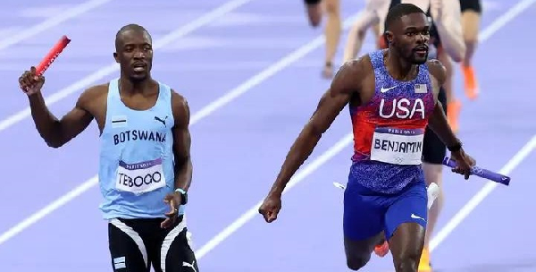 Botswana's sprinting star, Letsile Tebogo (left) competing in the relays at the 2024 Olympics
