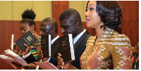 The EC chair, Jean Mensa (R) among her deputies during their swearing in ceremony
