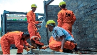 Workers work at the construction site of Kubik's first daycare building site in Addis Ababa, Ethiopi