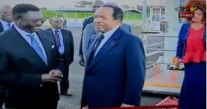 TV picture show as officials and supporters dey greet President Paul Biya for di airport