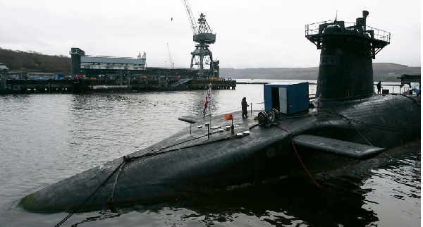 The nuclear-armed submarine HMS Vanguard pictured at a UK naval base near Glasgow, Scotland