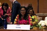 Lordina Mahama speaking at the Fostering the Future Together Global Coalition Summit