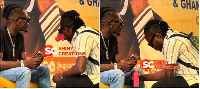 A picture of Abongo tasting a drink before handing it to Shatta Wale
