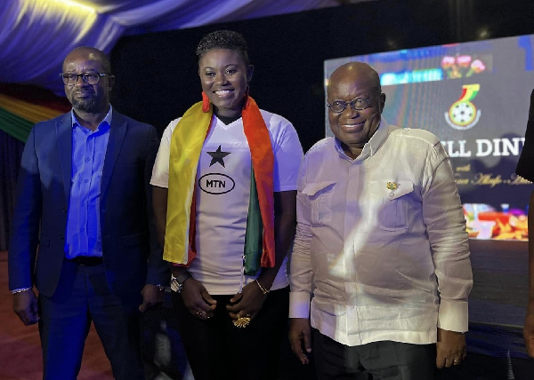 Afua Asantewaa Owusu Aduounum with president Akufo-Addo and GFA boss Kurt Okraku