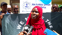 Seafarers Union of Kenya SG Atie Ramadhan at a press conference in Mombasa