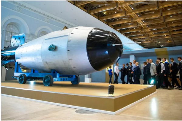 People look at a replica of the Soviet Union-era AN-602, or Tsar Bomb