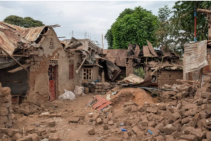 Houses destroyed by shelling during intense fighting in Kamnyola in DRC's South Kivu province