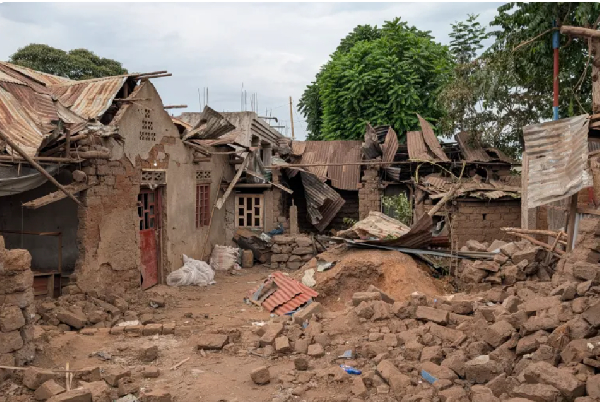 Houses destroyed by shelling during intense fighting in Kamnyola in DRC's South Kivu province