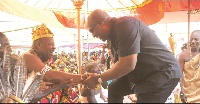 President Mahama being welcomed to the durbar by Nene Sakite II, Kronor of the Manya Krobo Tradition