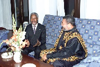 Mr Annan (left) with former President Jerry John Rawlings