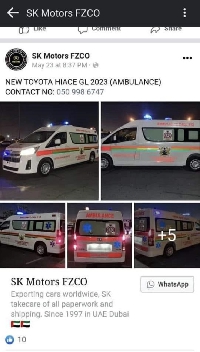 A screenshot of the ambulance adverstised for sale on the Facebook page of SK Motors FZKO