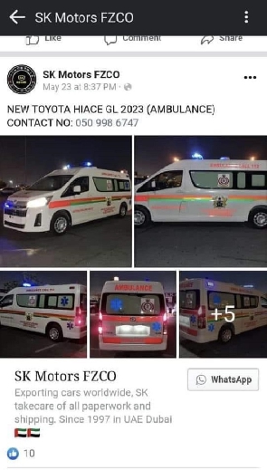 A screenshot of the ambulance adverstised for sale on the Facebook page of SK Motors FZKO