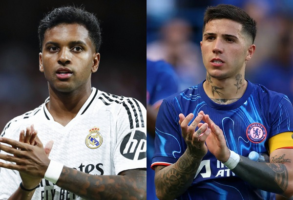 Real Madrid attacker Rodrygo (L) and Chelsea midfielder Enzo Fernandez (R)