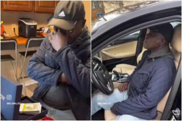 Watch the emotional reaction of US-based Ghanaian as his kids gift him his dream car, $10k
