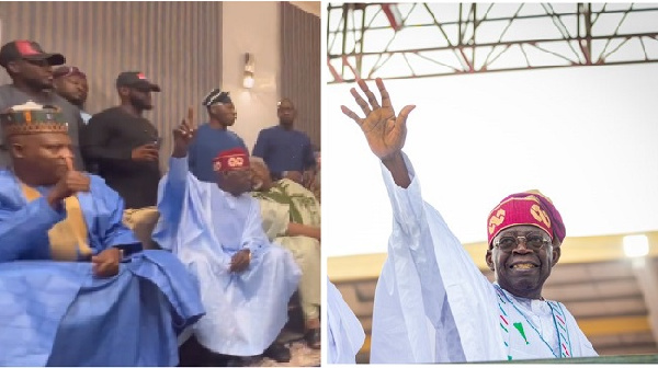 Tinubu in red cap with VP-elect (l), Tinubu at final rally in Lagos