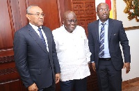 President Akufo-Addo poses with CAF and GFA presidents Mr Ahmad and Mr Nyantakyi respectively