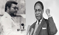 Former President Jerry John Rawlings (L) and Osagyefo Dr Kwame Nkrumah (R)