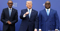 Donald Trump host im Rwanda and DR Congo counterparts Paul Kagame (L) and Félix Tshisekedi (right)