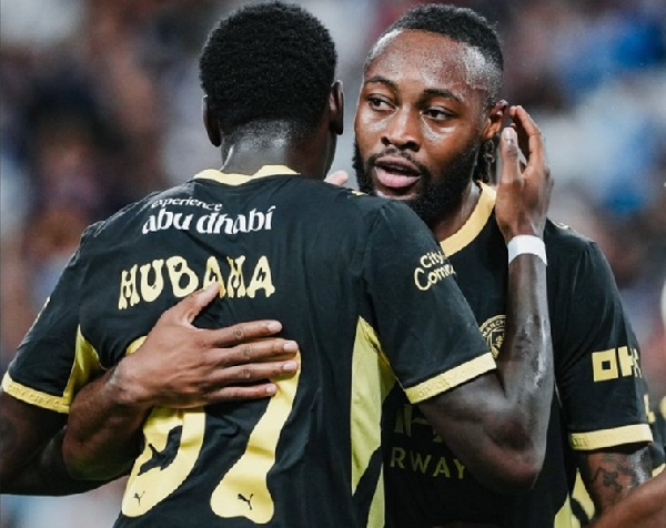 Semenyo hugged goalscorer Mubama (dark in complexion) after his assist