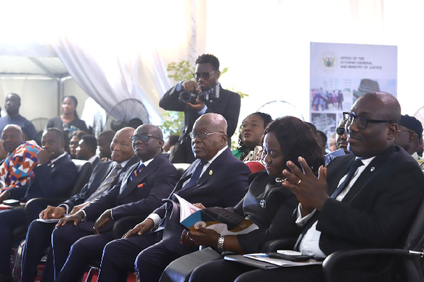 Chief Justice Torkornoo (2nd from Right), President Akufo-Addo and Attorney General Yeboah Dame