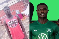 Jonas Adjetey during his early days in Ghana (L) and after signing for Wolfsburg (R)