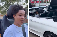 Ghanaian actress Nikki Samonas spotted cruising in her sleek convertible Mercedes Benz