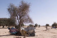 Makeshift shelters at a refugee transit camp by Chad's border with Sudan
