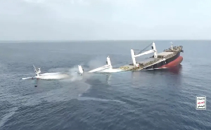 The Liberia-flagged Eternity C sinks in footage released by Yemen's Houthis in the Red Sea in July