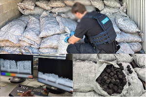 The illegal drugs (methamphetamine) were hidden in bags of charcoal