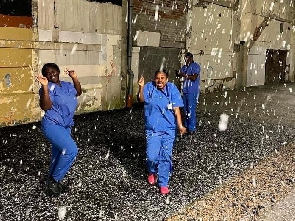 The three nurses could not hide their excitement when they saw snow for the first time