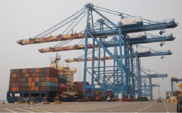 Containers docked at the port