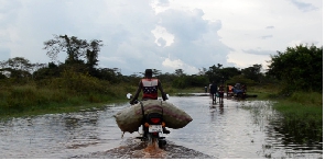 A motorcyclist navigates a flooded section of the road at Lewa Central Village, Pakele