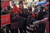 The teachers captured chanting President Mahama and Haruna Iddrisu's names