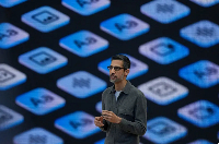 Alphabet CEO Sundar Pichai speaks at a Google I/O event in Mountain View, California