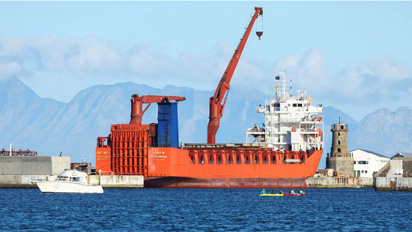 Russian roll-on/roll-off container carrier 'Lady R' docks at Simon's Town Naval Base, in Cape Town