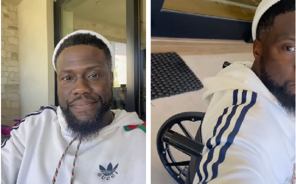 Kevin Hart in wheelchair after tearing abdomen during foot race
