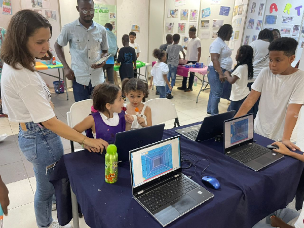 Some students with their projects on display