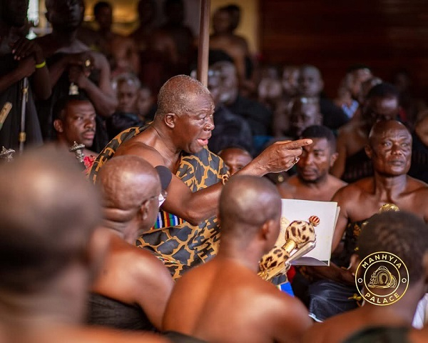Asantehene Otumfuo Osei Tutu II (with pointed finger) at the Asanteman Council meeting on Monday