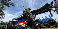 Wreckage of a bus involved in a collision that left several people dead near Kiryandongo