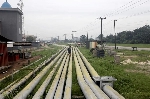 A woman walks over pipelines crisscrossing Ogoniland in Rivers State, Nigeria