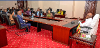 Yoweri Museveni at a meeting with Commonwealth Secretary-Gen Shirley Botchwey, and other officials