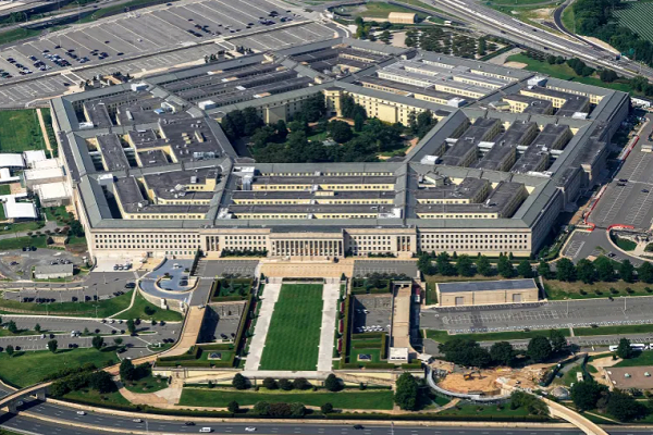 The Pentagon is viewed from the window of an aeroplane in Washington, DC