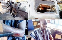 The injured NDC exective and some of the damaged vehicles in Tamale
