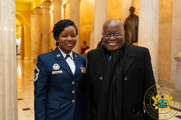 Senior Master Sergeant Eva Appiah of the U.S Air Force with President Akufo-Addo