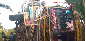 Wreckage of the ill-fated school bus that overturned at Kagavu village on Kampala–Mubende highway