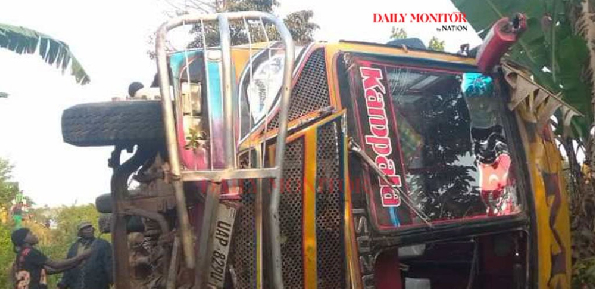 Wreckage of the ill-fated school bus that overturned at Kagavu village on Kampala–Mubende highway