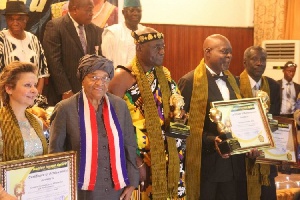 Kofi Adjorlolo (far right) with Osu Mantse and Ellen Johnson Sirleaf, President of Liberia